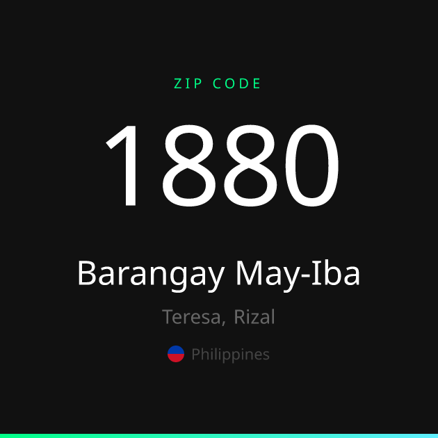 Shareable ZIP code 1880 card for Barangay May-Iba, dark theme