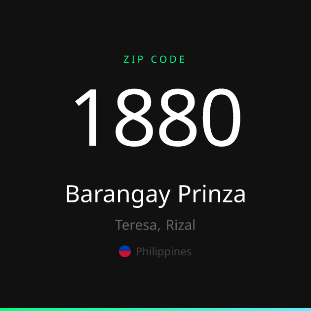 Shareable ZIP code 1880 card for Barangay Prinza, dark theme