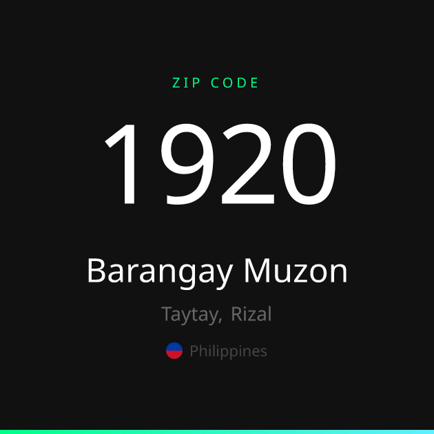 Shareable ZIP code 1920 card for Barangay Muzon, dark theme