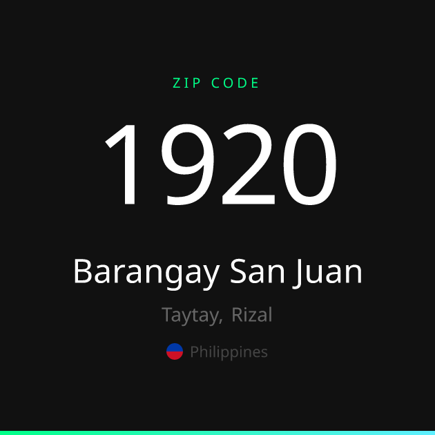 Shareable ZIP code 1920 card for Barangay San Juan, dark theme