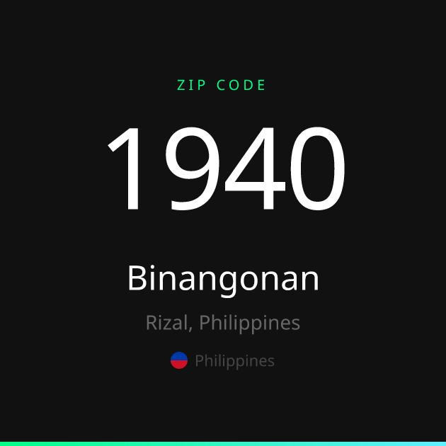 Shareable ZIP code 1940 card for Binangonan, dark theme