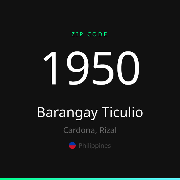 Shareable ZIP code 1950 card for Barangay Ticulio, dark theme