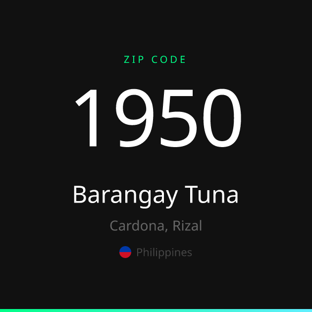 Shareable ZIP code 1950 card for Barangay Tuna, dark theme