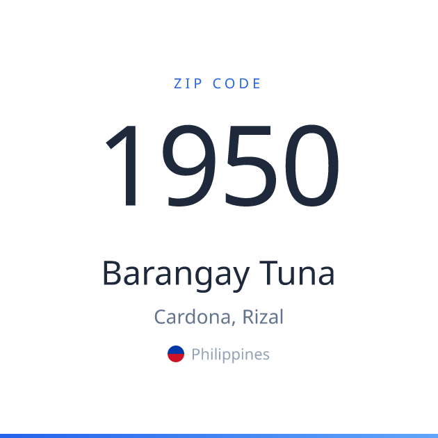 Shareable ZIP code 1950 card for Barangay Tuna, light theme