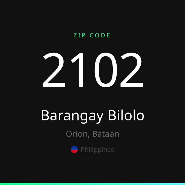 Shareable ZIP code 2102 card for Barangay Bilolo, dark theme
