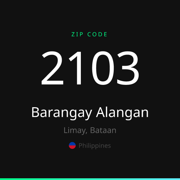 Shareable ZIP code 2103 card for Barangay Alangan, dark theme