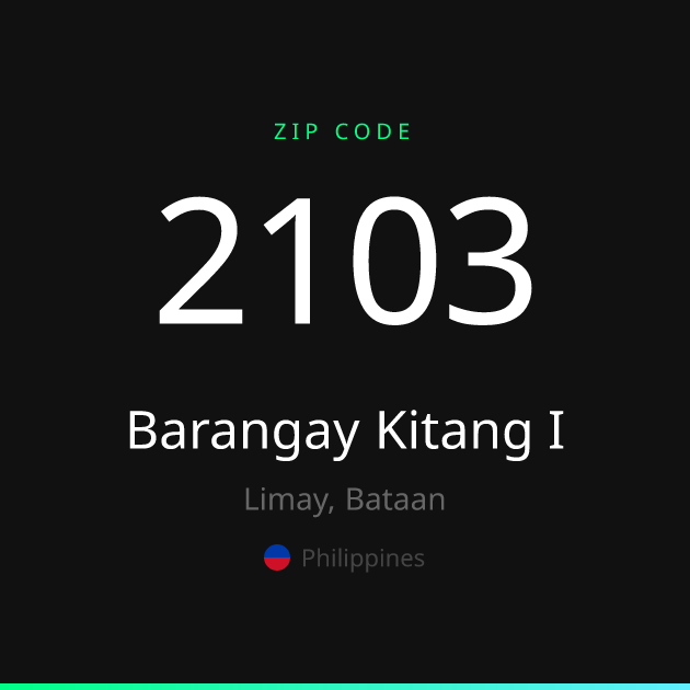 Shareable ZIP code 2103 card for Barangay Kitang I, dark theme
