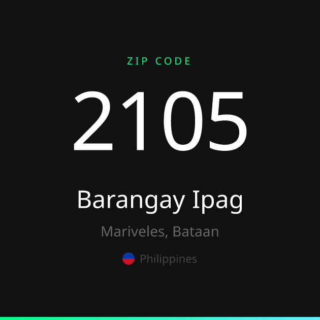 Shareable ZIP code 2105 card for Barangay Ipag, dark theme