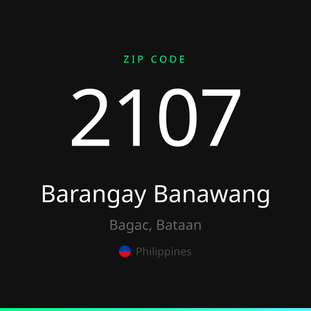 Shareable ZIP code 2107 card for Barangay Banawang, dark theme