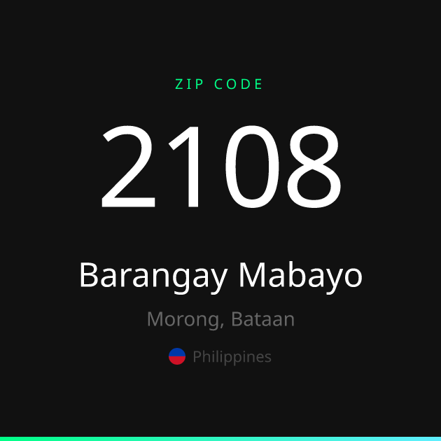 Shareable ZIP code 2108 card for Barangay Mabayo, dark theme