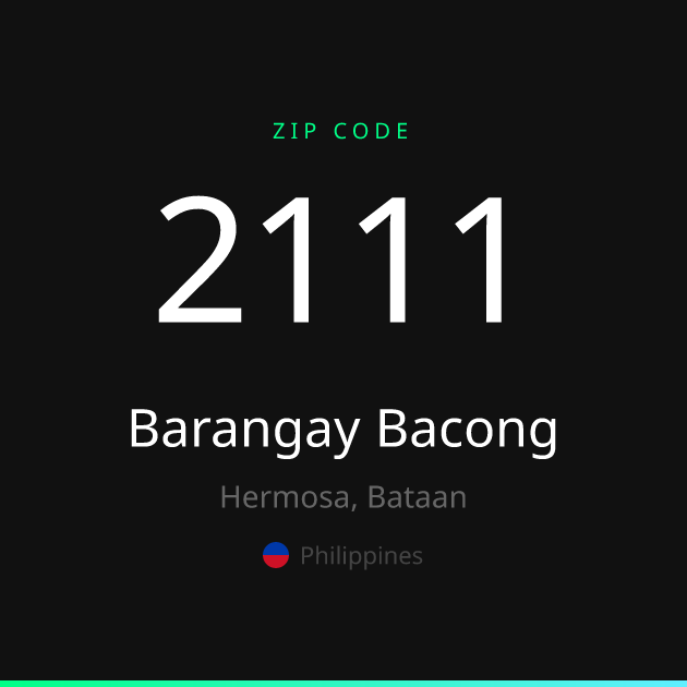 Shareable ZIP code 2111 card for Barangay Bacong, dark theme