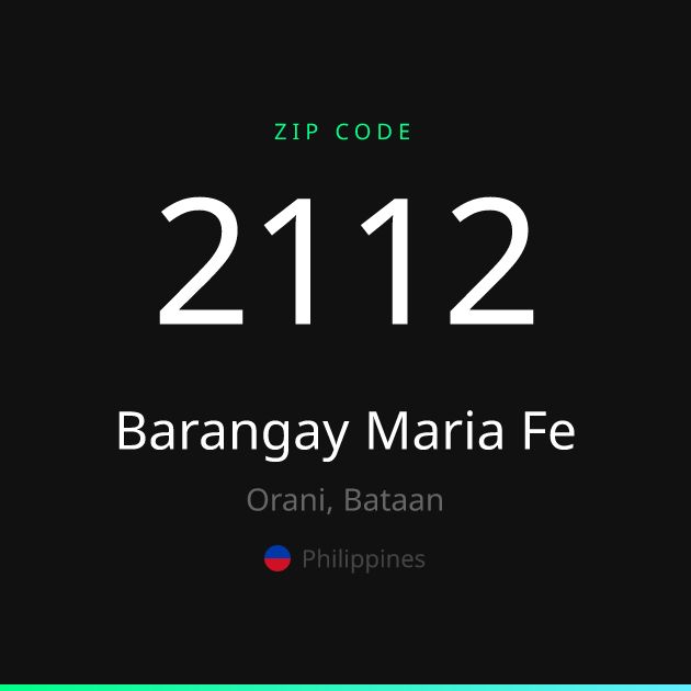 Shareable ZIP code 2112 card for Barangay Maria Fe, dark theme