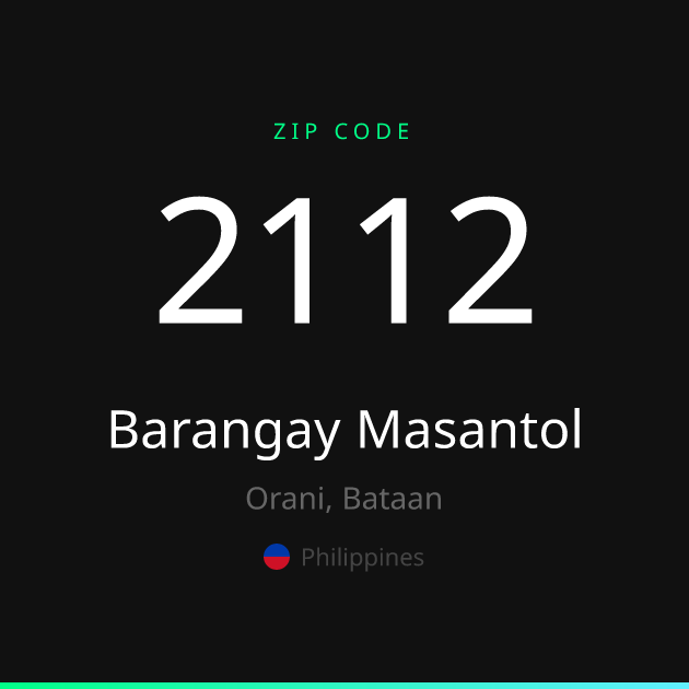 Shareable ZIP code 2112 card for Barangay Masantol, dark theme