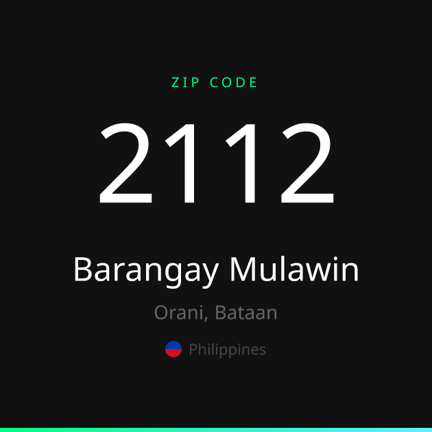 Shareable ZIP code 2112 card for Barangay Mulawin, dark theme