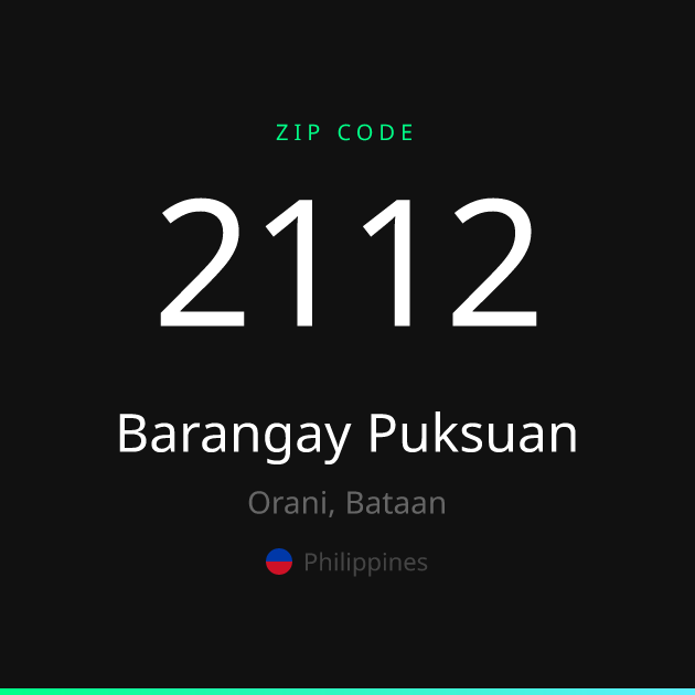 Shareable ZIP code 2112 card for Barangay Puksuan, dark theme