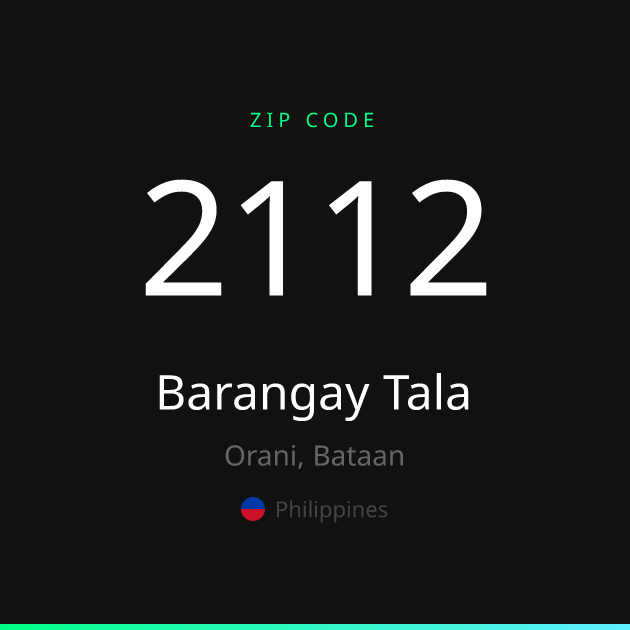 Shareable ZIP code 2112 card for Barangay Tala, dark theme