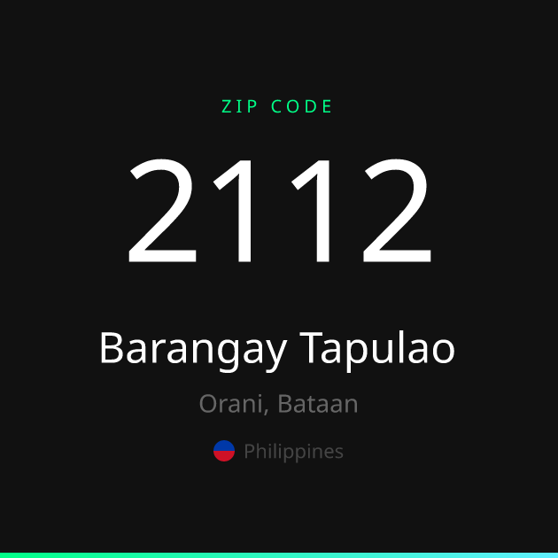 Shareable ZIP code 2112 card for Barangay Tapulao, dark theme