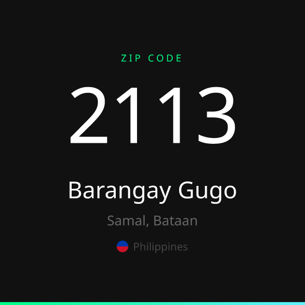Shareable ZIP code 2113 card for Barangay Gugo, dark theme