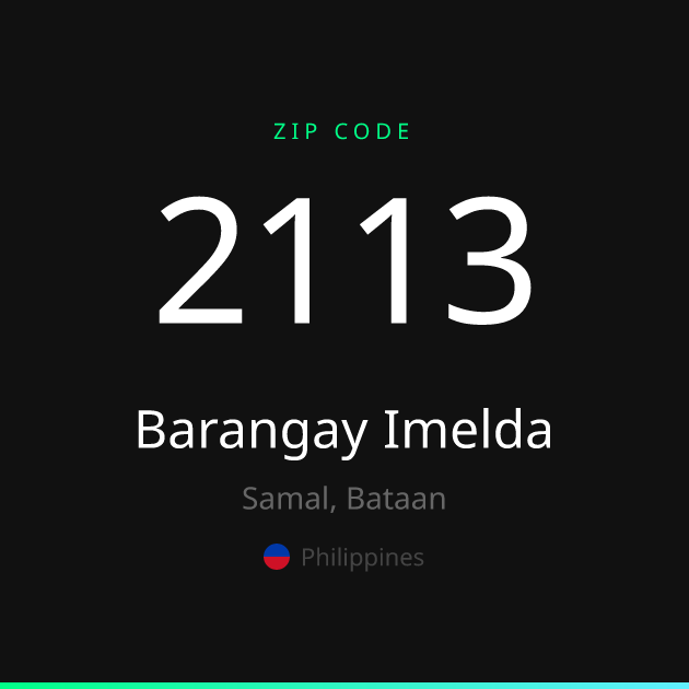 Shareable ZIP code 2113 card for Barangay Imelda, dark theme