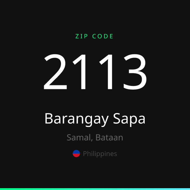Shareable ZIP code 2113 card for Barangay Sapa, dark theme