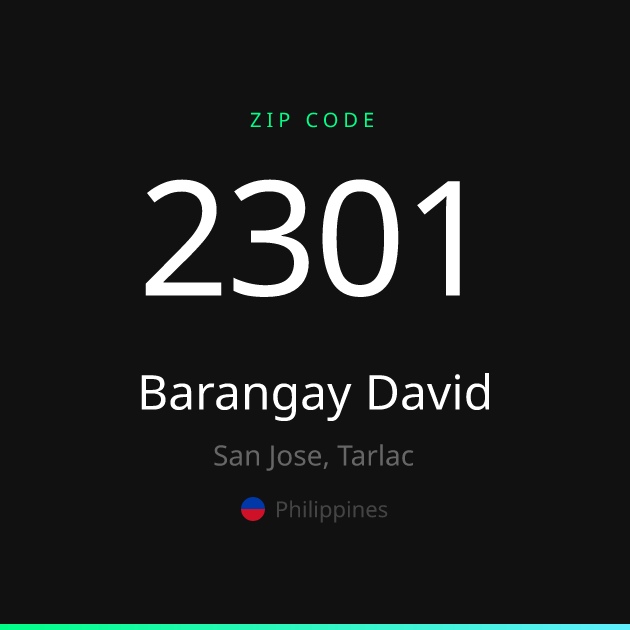 Shareable ZIP code 2301 card for Barangay David, dark theme