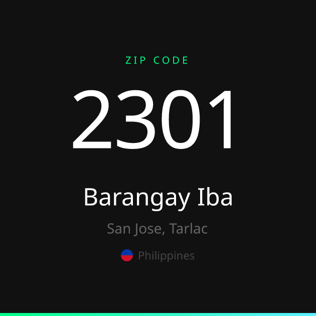 Shareable ZIP code 2301 card for Barangay Iba, dark theme