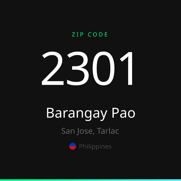 Shareable ZIP code 2301 card for Barangay Pao, dark theme