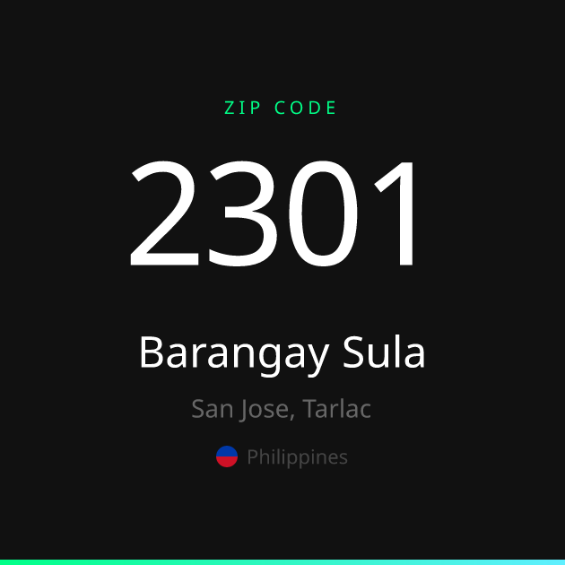 Shareable ZIP code 2301 card for Barangay Sula, dark theme