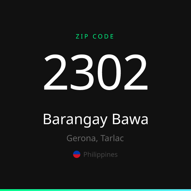 Shareable ZIP code 2302 card for Barangay Bawa, dark theme