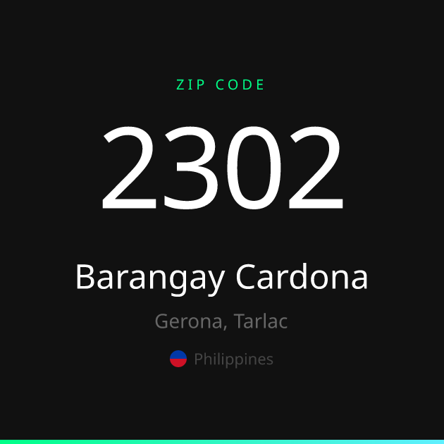 Shareable ZIP code 2302 card for Barangay Cardona, dark theme