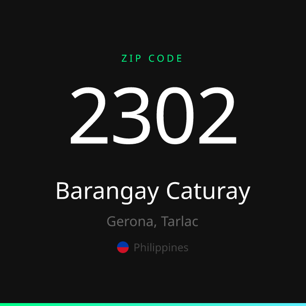Shareable ZIP code 2302 card for Barangay Caturay, dark theme