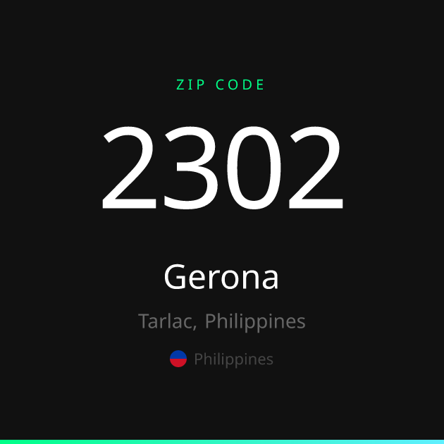 Shareable ZIP code 2302 card for Gerona, dark theme