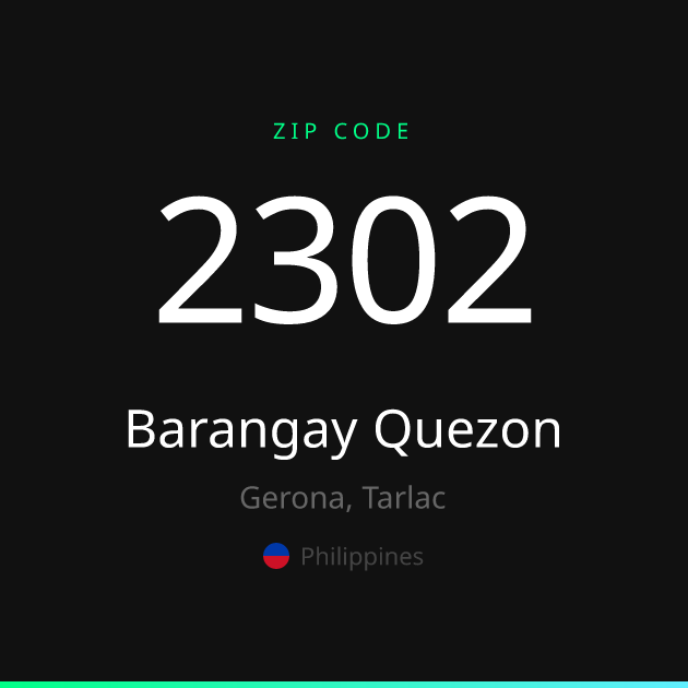 Shareable ZIP code 2302 card for Barangay Quezon, dark theme