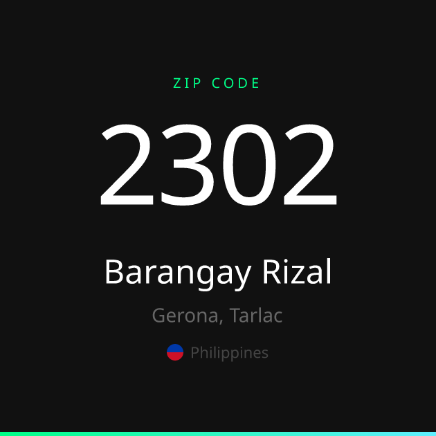 Shareable ZIP code 2302 card for Barangay Rizal, dark theme
