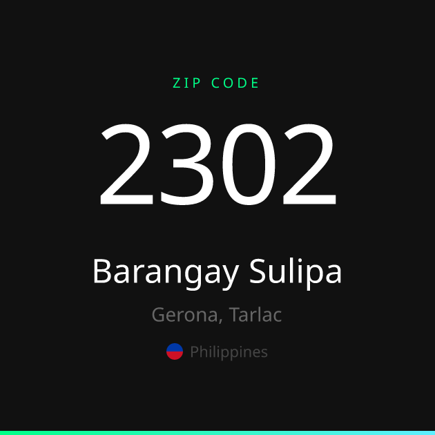 Shareable ZIP code 2302 card for Barangay Sulipa, dark theme