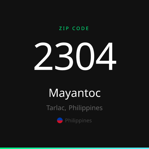 Shareable ZIP code 2304 card for Mayantoc, dark theme