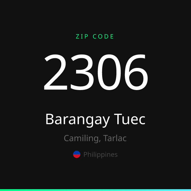 Shareable ZIP code 2306 card for Barangay Tuec, dark theme