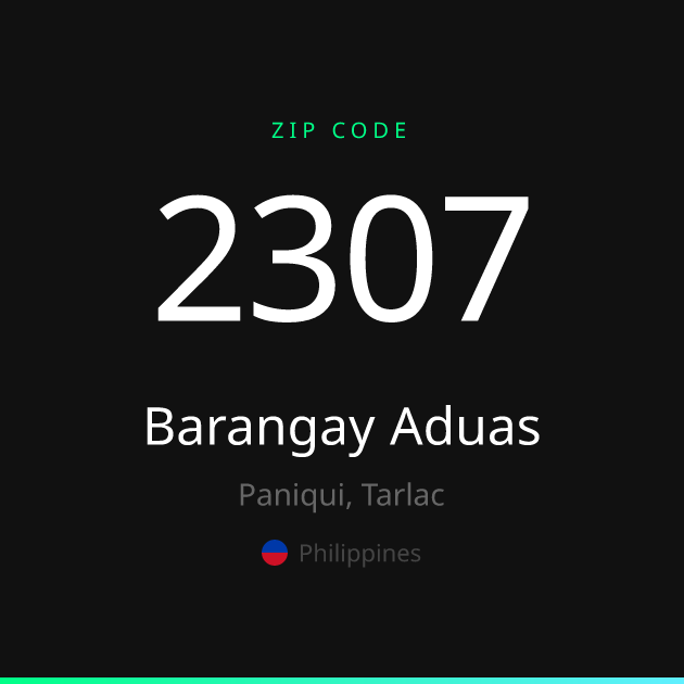 Shareable ZIP code 2307 card for Barangay Aduas, dark theme