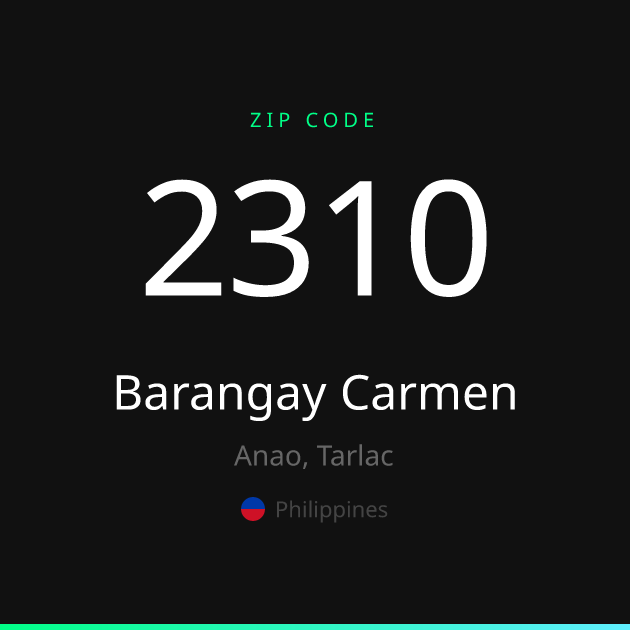 Shareable ZIP code 2310 card for Barangay Carmen, dark theme