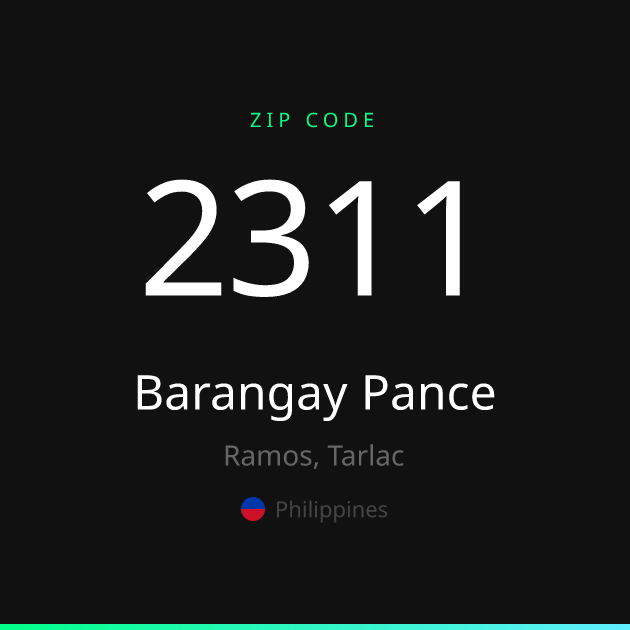Shareable ZIP code 2311 card for Barangay Pance, dark theme