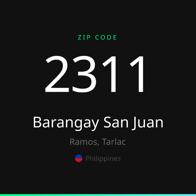 Shareable ZIP code 2311 card for Barangay San Juan, dark theme