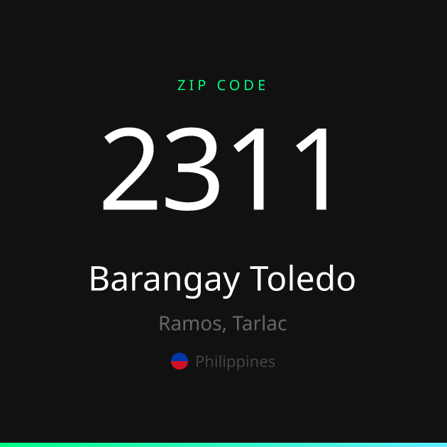 Shareable ZIP code 2311 card for Barangay Toledo, dark theme