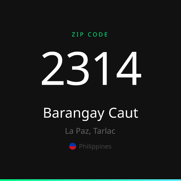 Shareable ZIP code 2314 card for Barangay Caut, dark theme
