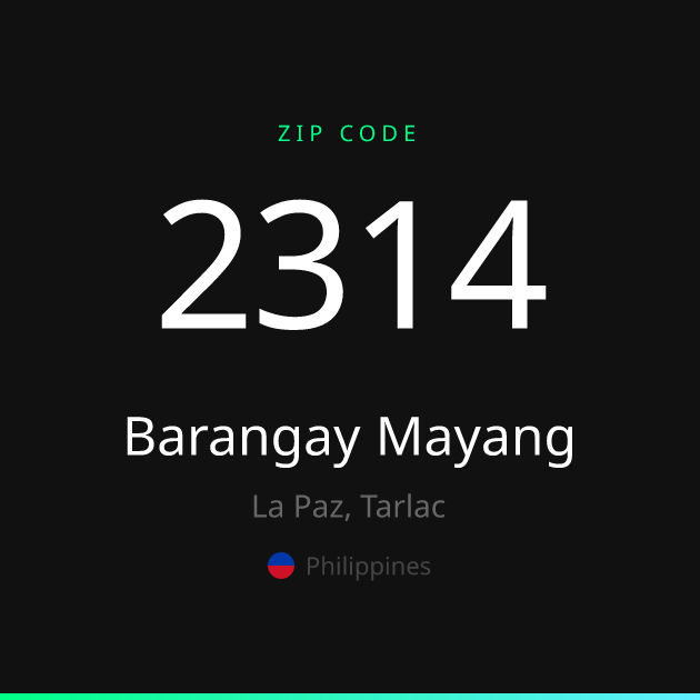 Shareable ZIP code 2314 card for Barangay Mayang, dark theme