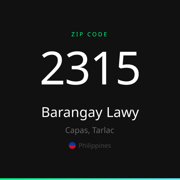 Shareable ZIP code 2315 card for Barangay Lawy, dark theme