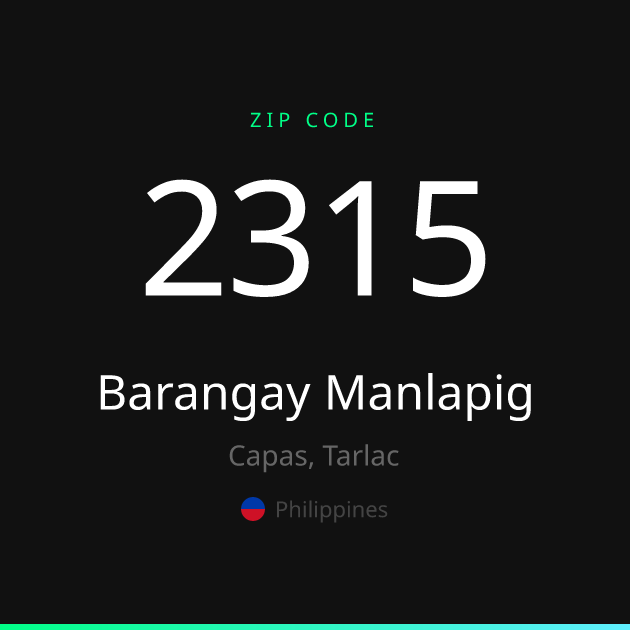 Shareable ZIP code 2315 card for Barangay Manlapig, dark theme