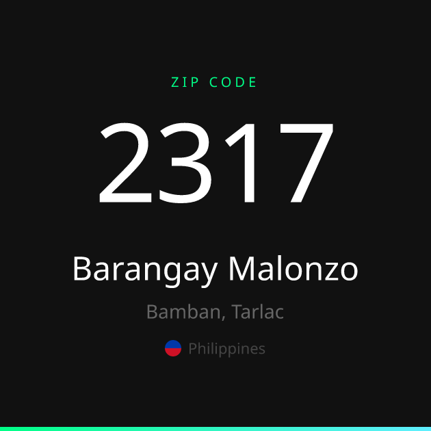 Shareable ZIP code 2317 card for Barangay Malonzo, dark theme