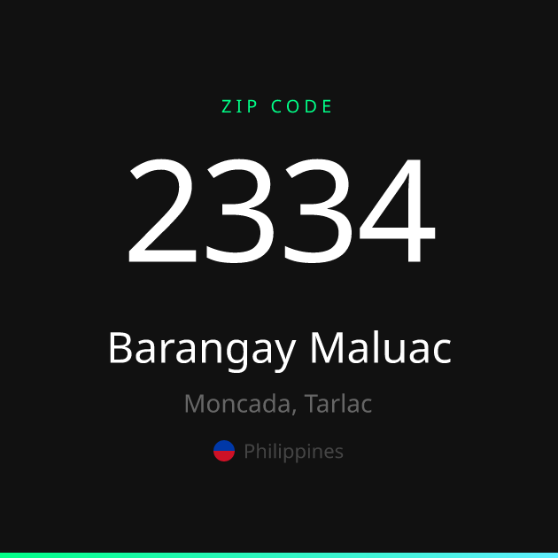 Shareable ZIP code 2334 card for Barangay Maluac, dark theme