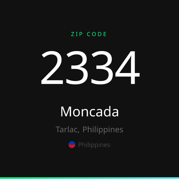 Shareable ZIP code 2334 card for Moncada, dark theme