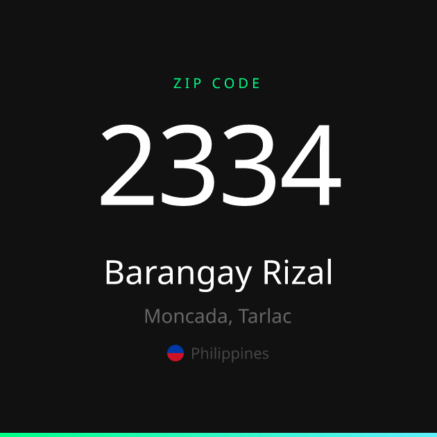 Shareable ZIP code 2334 card for Barangay Rizal, dark theme